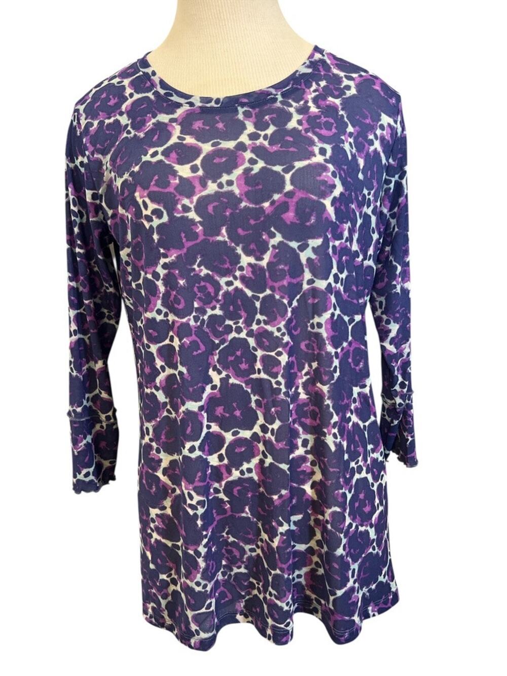 LOGO Layers Lori Goldstein Sheer Mesh Shirt Top Tee Sz M Purple Leopard Abstract